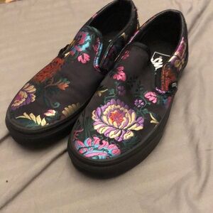 Vans Black Slip-On Floral Embroidered Sneakers with Pink, Purple, Gold Accents